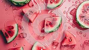 Fresh summer minimal image with watermelon slices and water. Generative AI