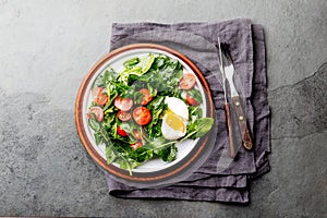 Fresh summer salad with baby spinach, tomatoes cherry and egg. Top view, copy space. Slate gray background