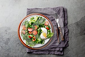 Fresh summer salad with baby spinach, tomatoes cherry and egg. Top view, copy space. Slate gray background