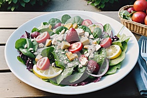 Fresh summer salad on a picnic table