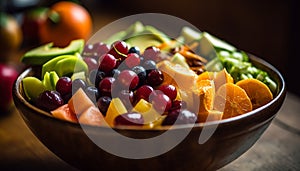 Fresh summer salad with ripe berries, organic vegetables, and gourmet crockery generated by AI