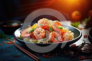 Fresh summer salad with shrimp, avocado and tomato cherry in bowl on dark table