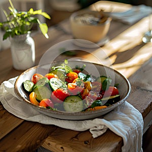 Fresh summer salad with shrimp, tomato cherry in bowl on light table. Concept of healthy eating.