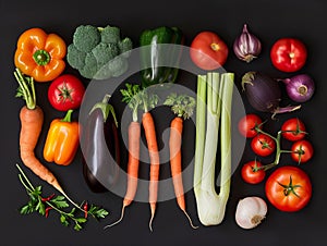 Fresh summer vegetables flatlay on black background. Tomatoes, parsley, broccoli, carrot, leek, celery onion, squash, zucchini,