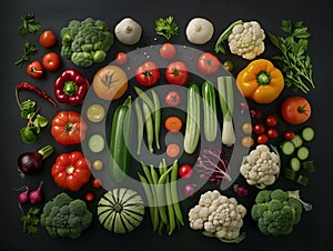 Fresh summer vegetables flatlay on green background. Knolling. Tomatoes, radish, onion, pumpkin, cauliflower, beans, parsley, photo