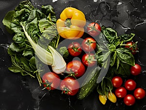 Fresh summer vegetables flatlay on green background. Salad romano, tomatoes, yellow pepper, basil, arugola, cucumber