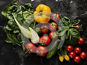 Fresh summer vegetables flatlay on green background. Salad romano, tomatoes, yellow pepper, basil, arugola, cucumber photo