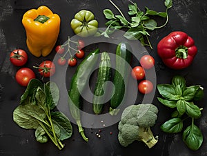 Fresh summer vegetables flatlay on green background. Tomatoes, pepper, parsley, broccoli, basil, squash, zucchini