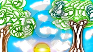 Fresh Sunny Day, Designs Of Summer Background, Sun, White Cloud, Blue Sky And Two Big Green Tree