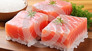 Fresh Sushi Ingredients. Close-Up of Fish, Ice Cube, Water Droplets, Rice, and Seaweed