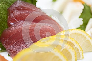 Fresh Sushi on a Plate with Lemons and Other Garnishes