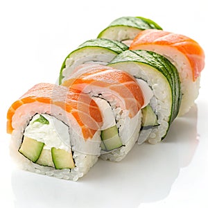 Fresh sushi rolls with cucumber and cream cheese isolated on white background photo