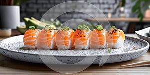 Fresh sushi rolls with salmon and toppings arranged on a serving plate in a cozy dining setting