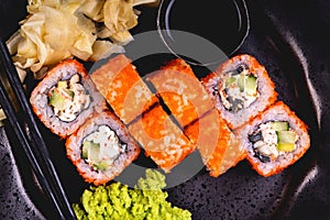 Fresh sushi rolls. Traditional Japanese food.