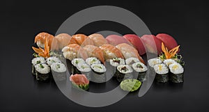 Fresh Sushi set. Nigiri and Hosomaki sushi rolls
