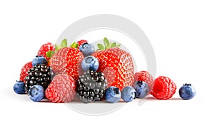 Fresh Sweet Berries on the White Background. Ripe Juicy Strawberry, Raspberry, Blueberry, Blackberry