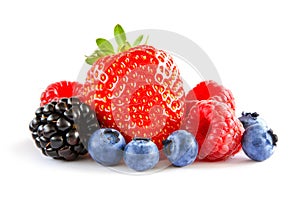 Fresh Sweet Berries on the White Background. Ripe Juicy Strawberry, Raspberry, Blueberry, Blackberry photo