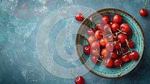 Fresh sweet cherries bowl with leaves in water drops on blue stone background, top view