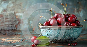 Fresh sweet cherries bowl with leaves in water drops on blue stone background, top view