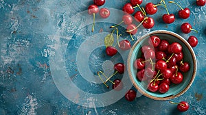 Fresh sweet cherries bowl with leaves in water drops on blue stone background, top view