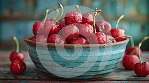 Fresh sweet cherries bowl with leaves in water drops on blue stone background, top view