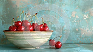 Fresh sweet cherries bowl with leaves in water drops on blue stone background, top view