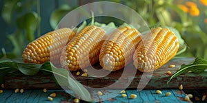 Fresh sweet corn cobs on a wooden surface outdoors. vibrant colors, natural setting. perfect for food and agriculture
