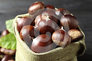 Fresh sweet edible chestnuts in sack, closeup