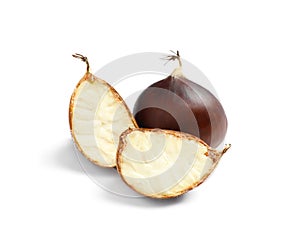 Fresh sweet edible chestnuts on white background