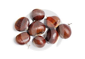 Fresh sweet edible chestnuts on white background, top view