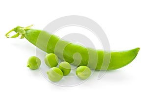 Fresh Sweet Green Pea Pods and Ceeds Isolated on White Background