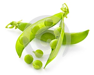 Fresh Sweet Green Pea Pods and Ceeds Isolated on White Background