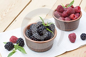 Fresh sweet red raspberry and blueberries in a clay pot and mint on light wooden table