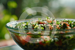 Fresh Tabouleh Salad in Glass Bowl, Healthy Eating Concept