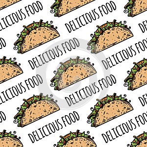Fresh taco seamless vector pattern. Traditional Mexican fast food with chicken, salad. Delicious street snack wrapped in