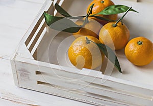 Fresh tangerines with leaves on white wooden box
