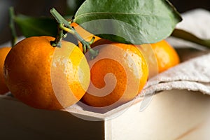 Fresh tangerines with leaves in wooden box