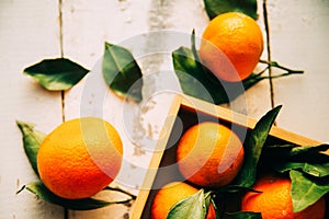 Fresh tangerines in an old box with leaves. On wooden background. Free space for text . Top view