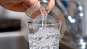 Fresh tap water flowing into a clear glass in a modern kitchen.