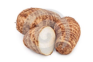 Fresh taro root with half isolated on white background