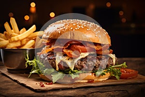 Fresh tasty beef burger with french fries on dark background