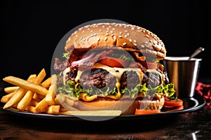 Fresh tasty beef burger with french fries on plate, dark background