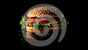 Fresh tasty burger on black background. Shallow dof.
