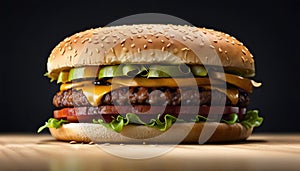 Fresh tasty burger with cheese and tomatoes on a black background. Generative AI