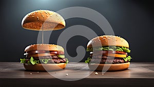 Fresh tasty burger with cheese and tomatoes on a grey background. Generative AI