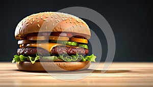 Fresh tasty burger with cheese and tomatoes on a grey background. Generative AI