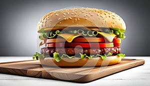 Fresh tasty burger with cheese and tomatoes on a grey background. Generative AI