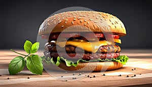 Fresh tasty burger with cheese and tomatoes on a grey background. Generative AI