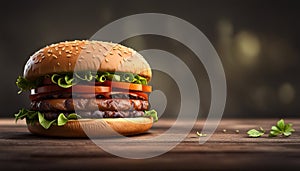 Fresh tasty burger with cheese and tomatoes on a grey background. Generative AI