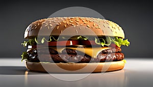 Fresh tasty burger with cheese and tomatoes on a grey background. Generative AI